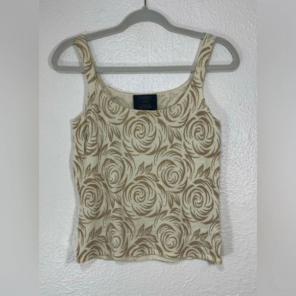 Carmen Marc Valvo Cashmere Floral Cream Beaded Cropped Tank Top Women’s Medium - Picture 1 of 12